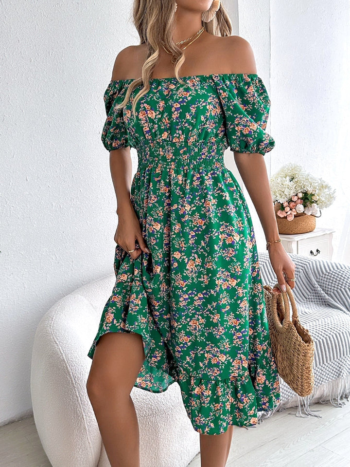 Spring/summer women's floral midi dress with a chic square neck and comfortable high waist fit.