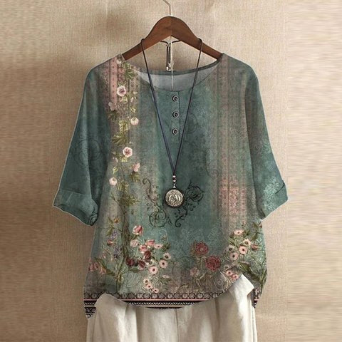 Women's retro floral blouse, lightweight short sleeve summer top for casual wear.