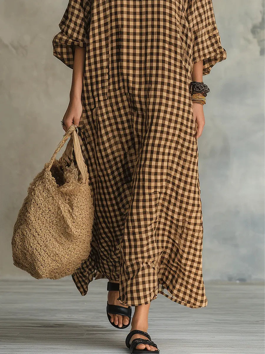 Bohemian-inspired oversized gingham maxi dress for women, a flowy and comfortable everyday dress for relaxed spring fashion.