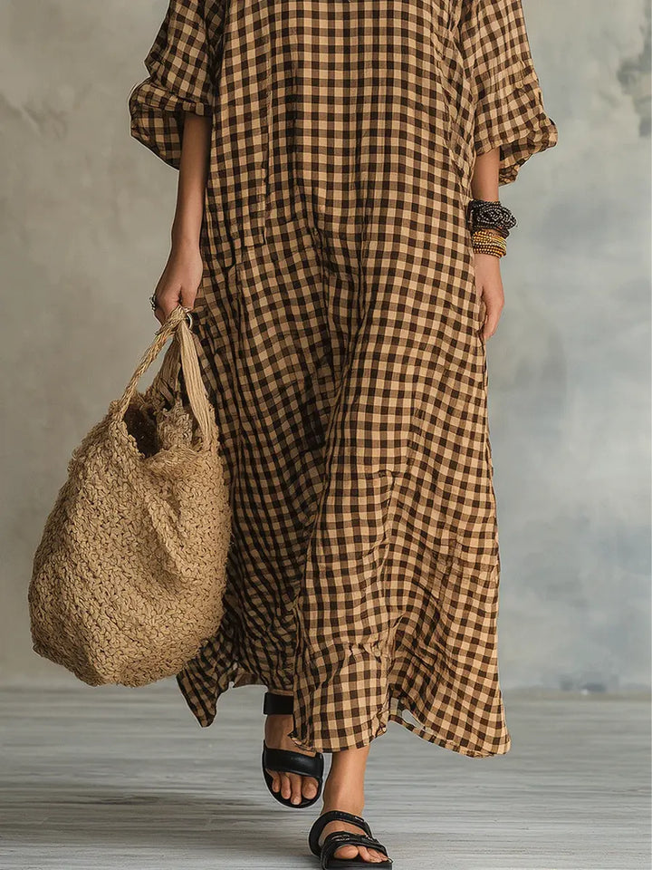 Bohemian-inspired oversized gingham maxi dress for women, a flowy and comfortable everyday dress for relaxed spring fashion.