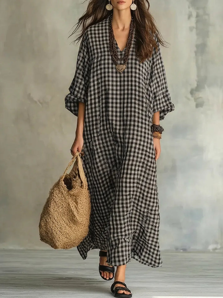 Comfortable women's oversized gingham maxi dress, a flowy long-sleeve V-neck for chic casual spring & summer fashion.
