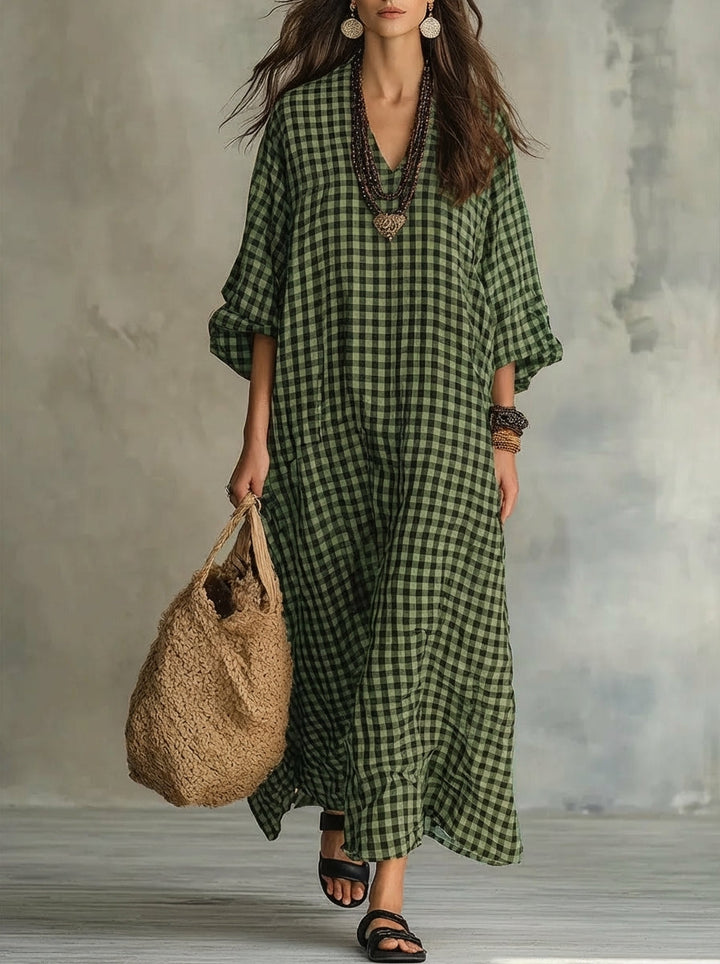 Classic black & white gingham pattern oversized maxi dress. A versatile women's V-neck, long-sleeve for daily casual wear.
