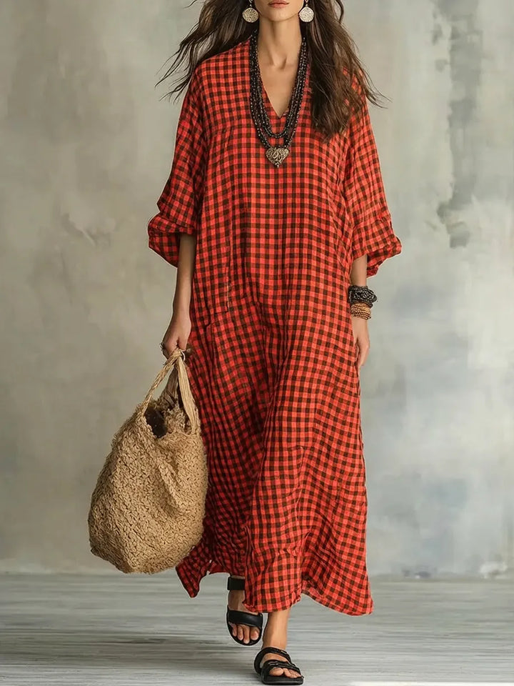 Women's classic oversized gingham maxi dress, perfect for casual outings, beach days, or comfortable everyday spring wear.