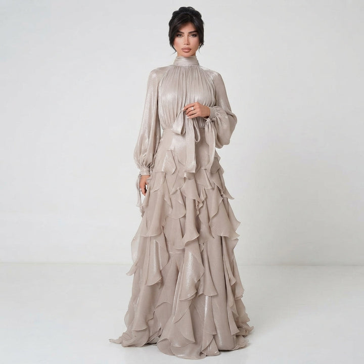 Elegant women's timeless ruffled high-neck maxi dress, perfect for races or formal events. Long sleeve, flattering fit.