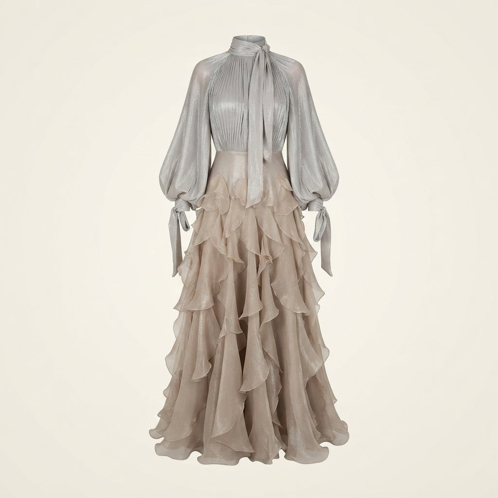 Apricot women's high-neck ruffled maxi dress. Ideal wedding guest or party wear with long sleeves and elegant flow.