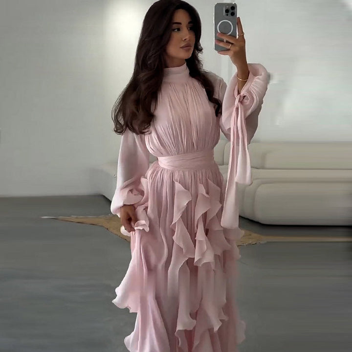 Ruffled high-neck long sleeve women's maxi dress. Elegant and timeless formal wear, perfect for parties or events.