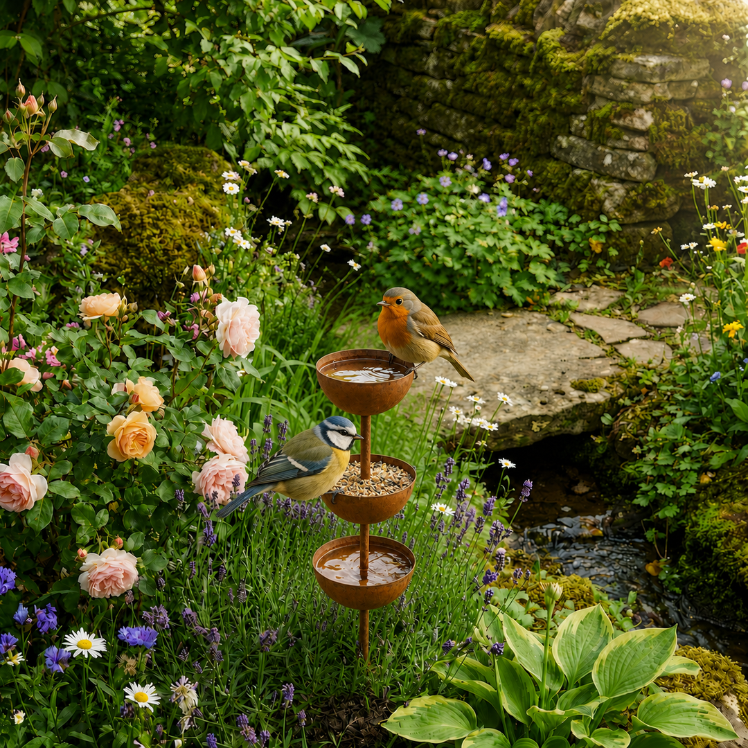 Elegant copper bird bath garden stake for outdoor living and attracting wildlife.