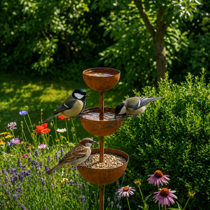 Handcrafted rustic copper bird bath stake, a beautiful addition to garden decor.