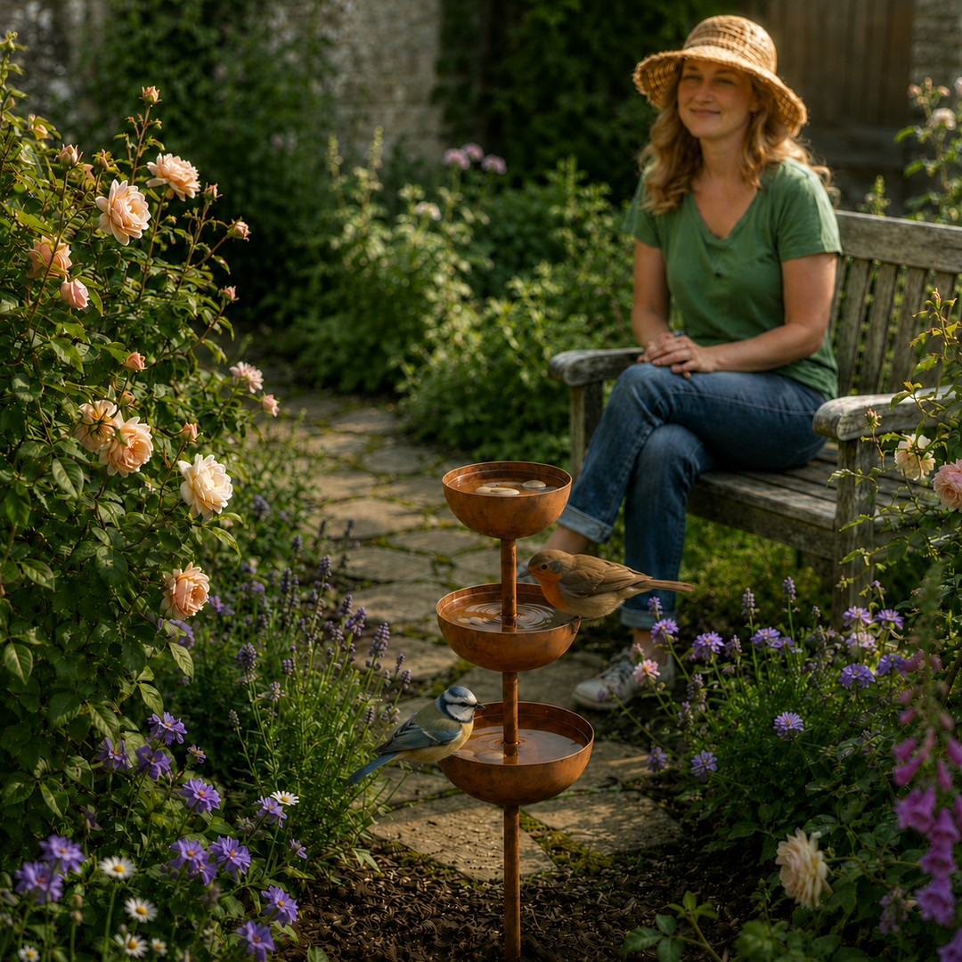 Vintage-style rustic copper bird bath stake, ideal garden art for feathered friends.