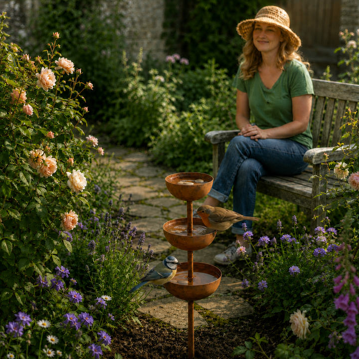 Vintage-style rustic copper bird bath stake, ideal garden art for feathered friends.