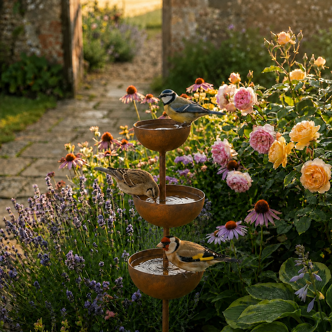 Charming rustic copper finish garden bird bath stake, enhancing your outdoor space.