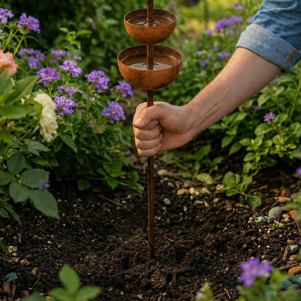 Attractive rustic copper bird bath garden stake, unique garden art for nature lovers.