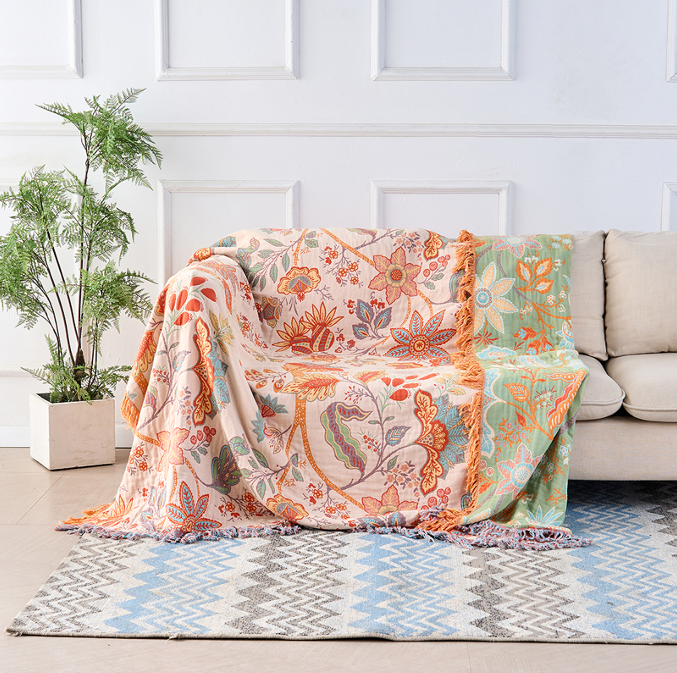 Decorative bohemian floral cotton throw blanket. Soft, large accent for cozy living rooms & rustic home decor.