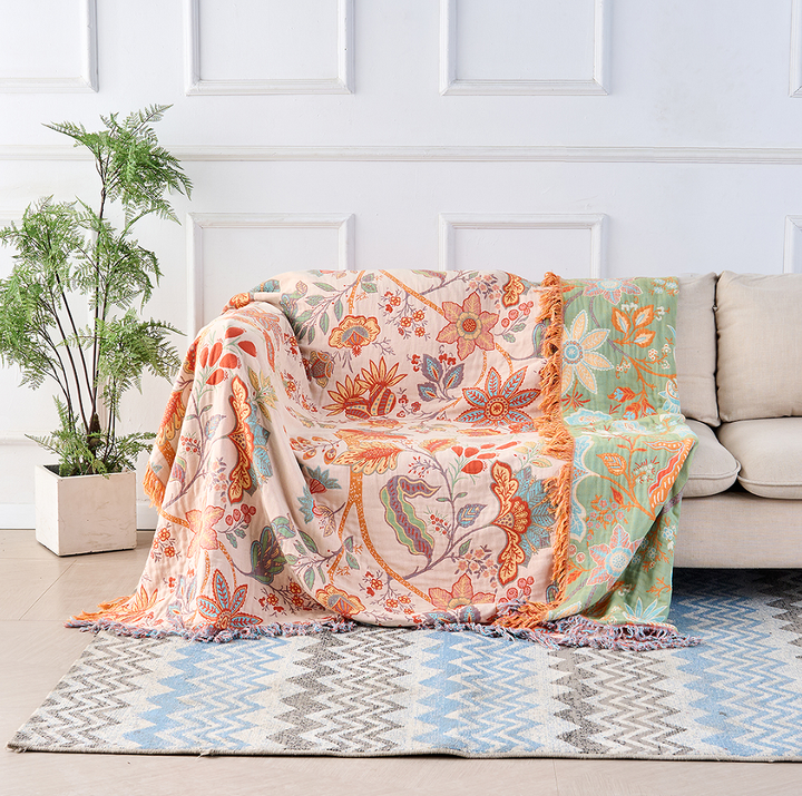 Decorative bohemian floral cotton throw blanket. Soft, large accent for cozy living rooms & rustic home decor.