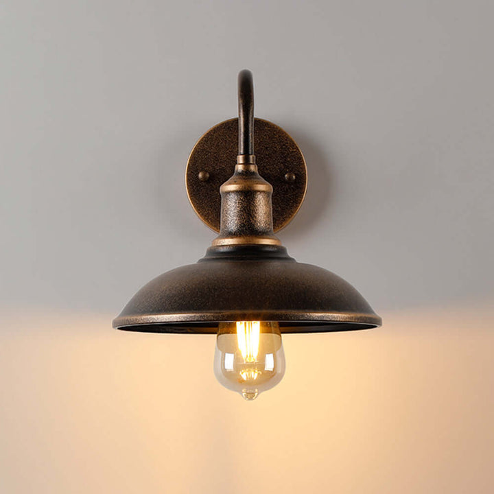 Energy-efficient LED rustic outdoor wall lamp, vintage brass style, waterproof exterior.