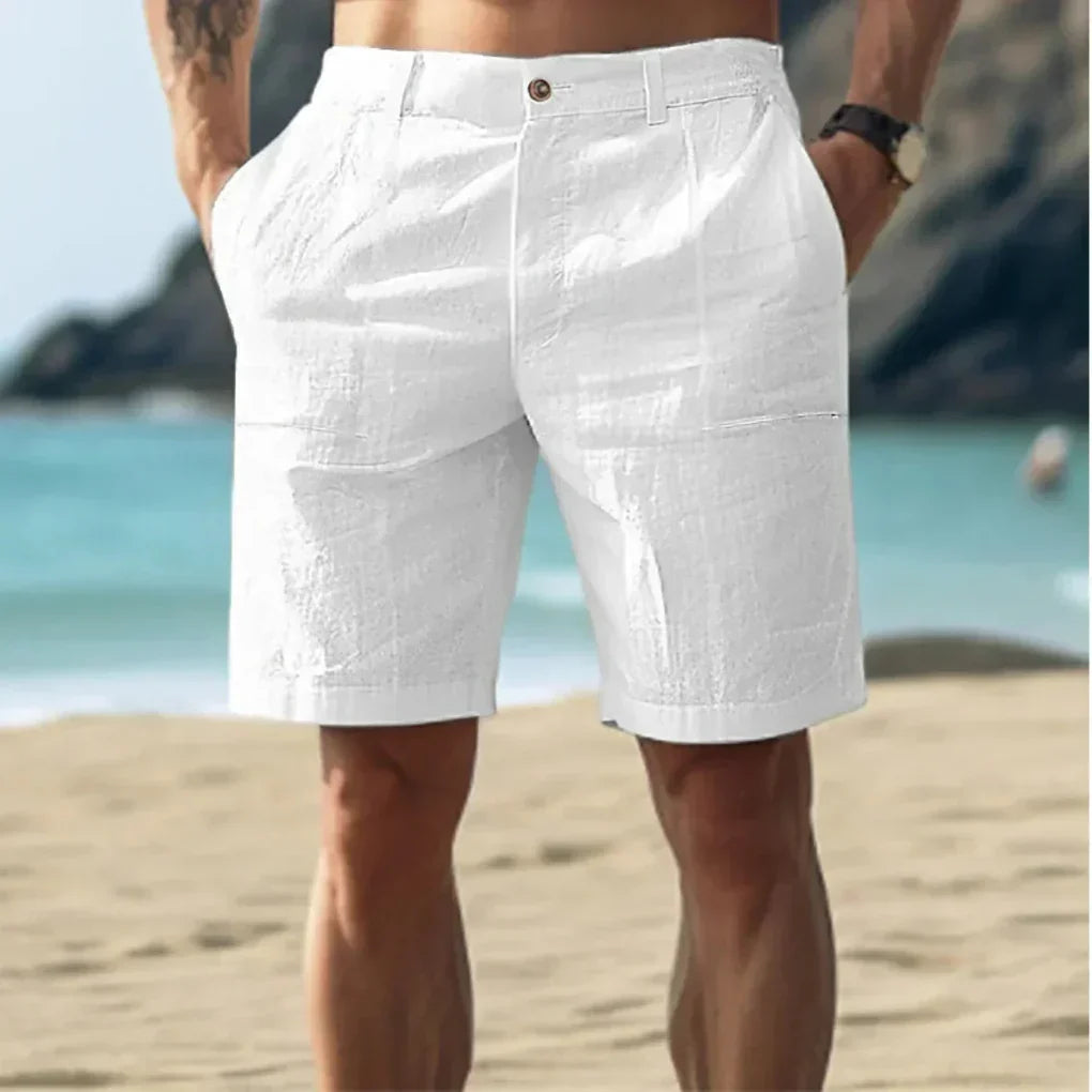 Men's relaxed fit summer shorts with adjustable drawstring waist, perfect for casual beachwear and warm weather comfort.