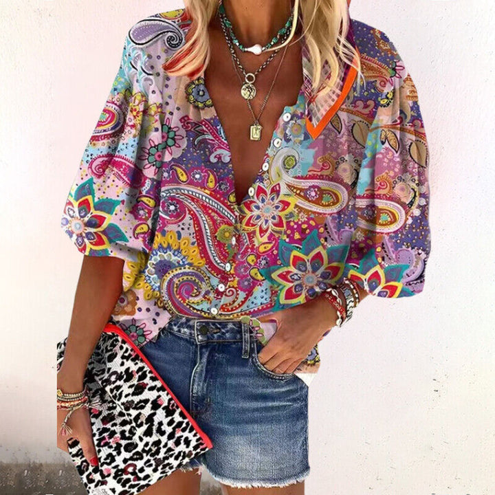 Women's Boho Print V-Neck Blouse with Bell Sleeves