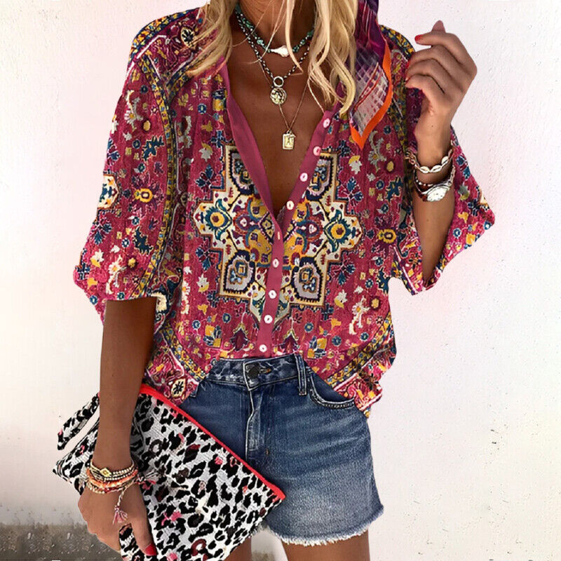 Women's Boho Print V-Neck Blouse with Bell Sleeves