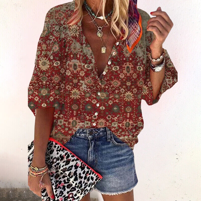 Women's Boho Print V-Neck Blouse with Bell Sleeves