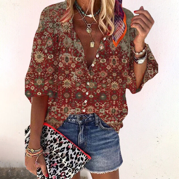 Women's Boho Print V-Neck Blouse with Bell Sleeves