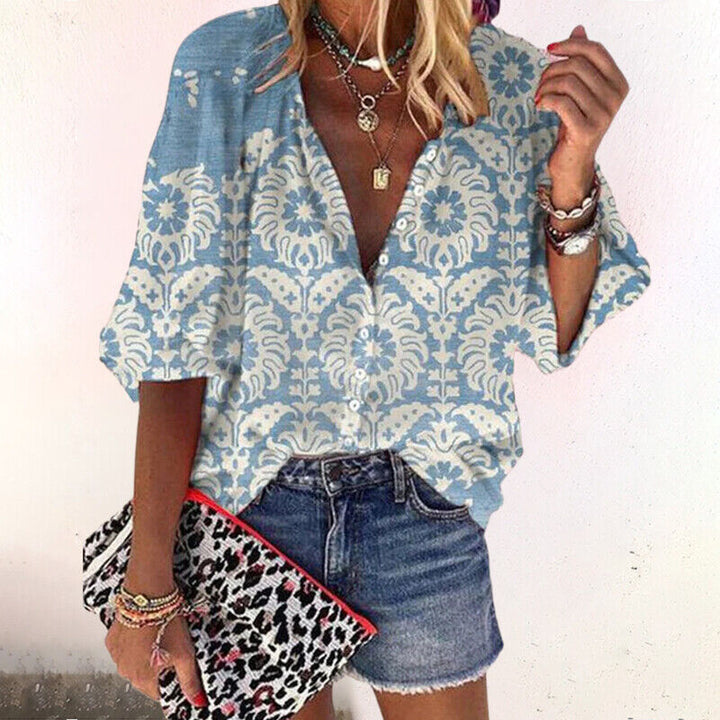 Women's Boho Print V-Neck Blouse with Bell Sleeves