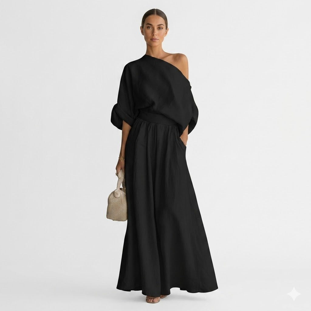 Elegant women's one-shoulder maxi dress, perfect for evening parties & sophisticated occasions.