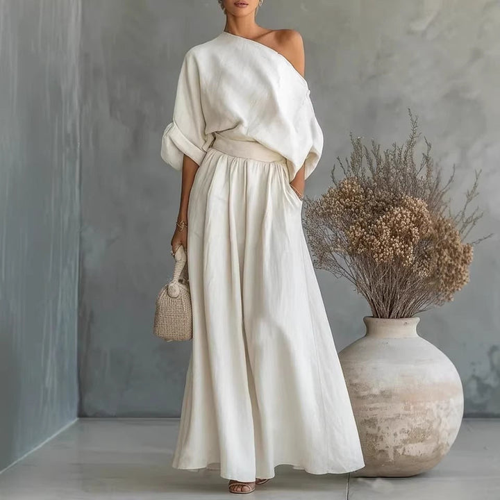 Sophisticated one-shoulder women's maxi dress, comfortable for elegant daytime events.
