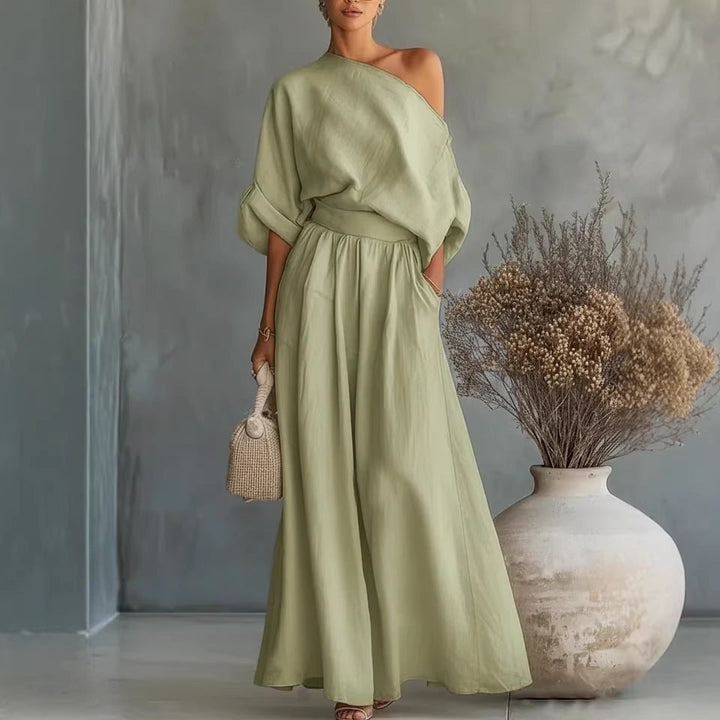 Comfortable A-line one-shoulder maxi dress, perfect women's elegant summer vacation outfit.