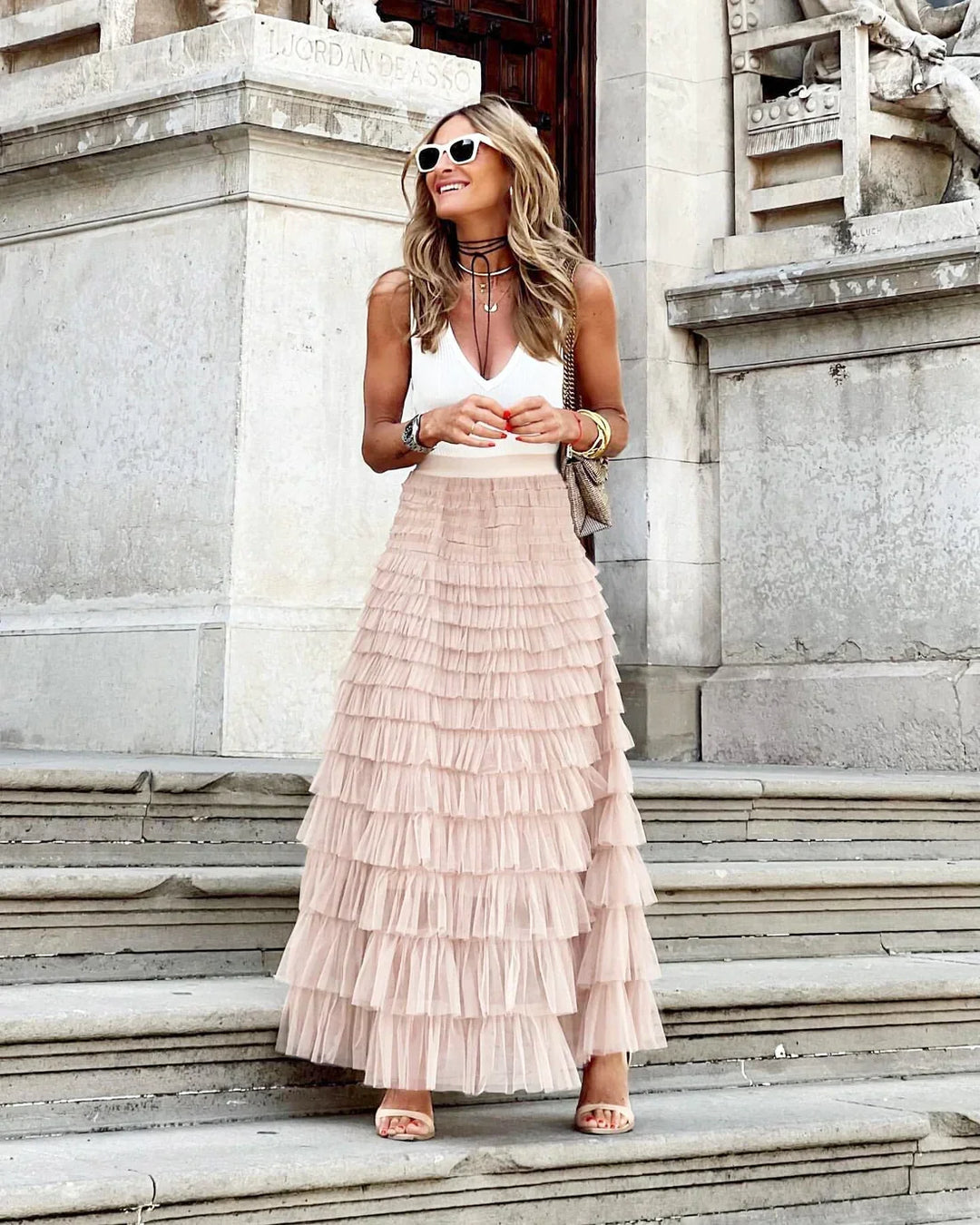 Soft, flowy women's tiered ruffle midi skirt. Feminine spring or summer skirt for formal & casual events.