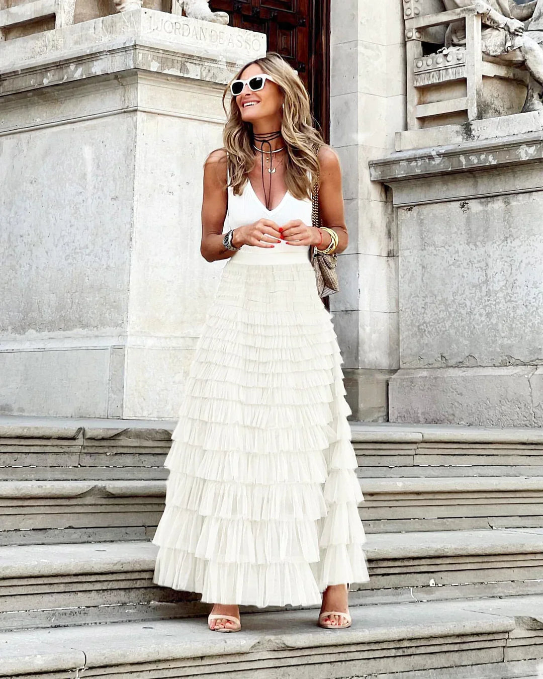 Graceful women's tiered ruffle midi skirt with a flowy silhouette. Versatile for spring, summer, party, casual.
