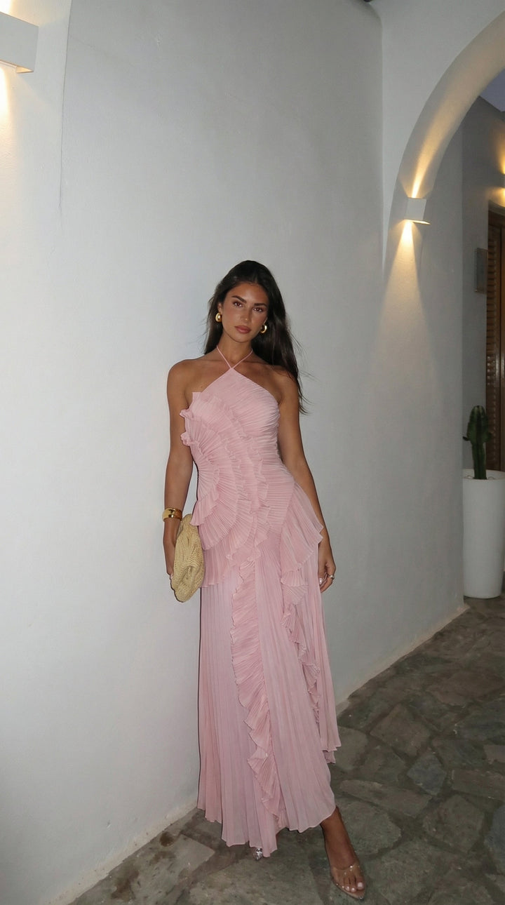 Stunning women's evening wear, a halter neck ruffle maxi dress.