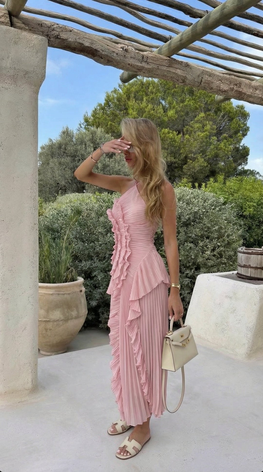 Elegant special event maxi dress for women, halter neck & layered ruffles.