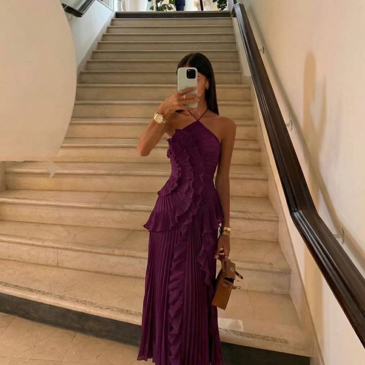 Elegant women's asymmetrical ruffle maxi dress, halter neck for special events.