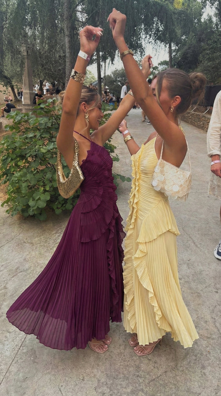 Formal evening gown for women, a graceful halter neck ruffle maxi.