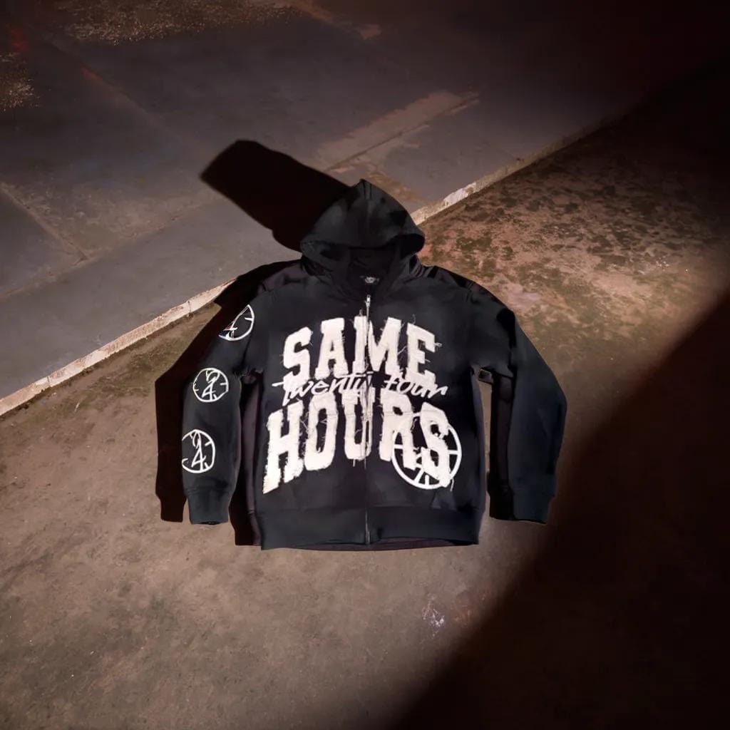 Women's unique 'Same Hours' zip-up hoodie. Stylish, statement streetwear for expressing your casual fashion.