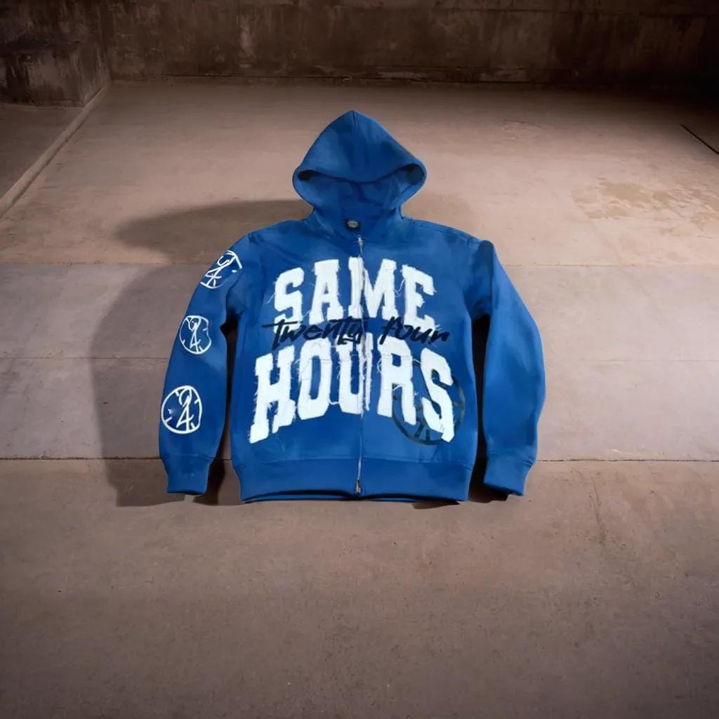 Cozy women's zip-up hoodie with unique 'Same Hours' design. Perfect for casual wear, streetwear, and everyday comfort.