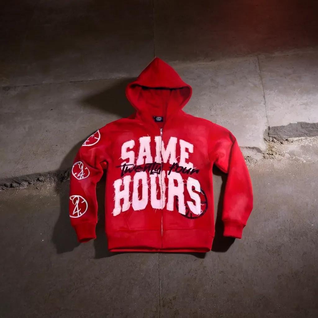 Stylish women's zip-up hoodie featuring a unique 'Same Hours' graphic. A versatile and cozy outerwear statement piece.