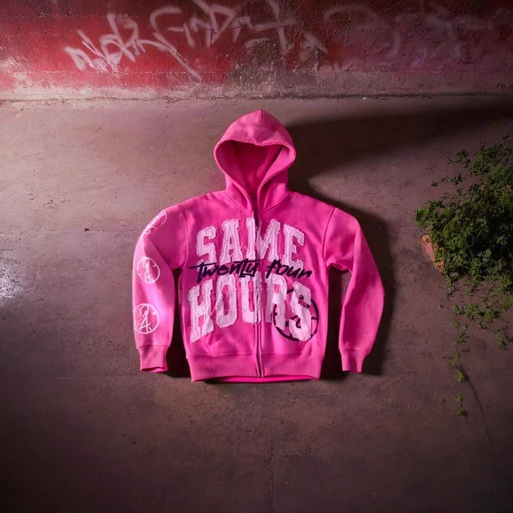 Expressive women's 'Same Hours' zip-up hoodie. Unique design, perfect for casual style, streetwear, and cozy comfort.