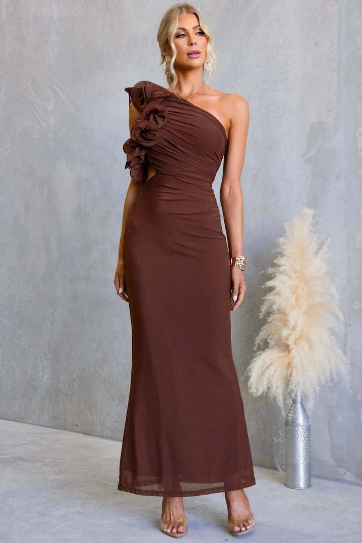 Women's special occasion maxi dress with a stylish one-shoulder and cascading ruffle, chic & modern.