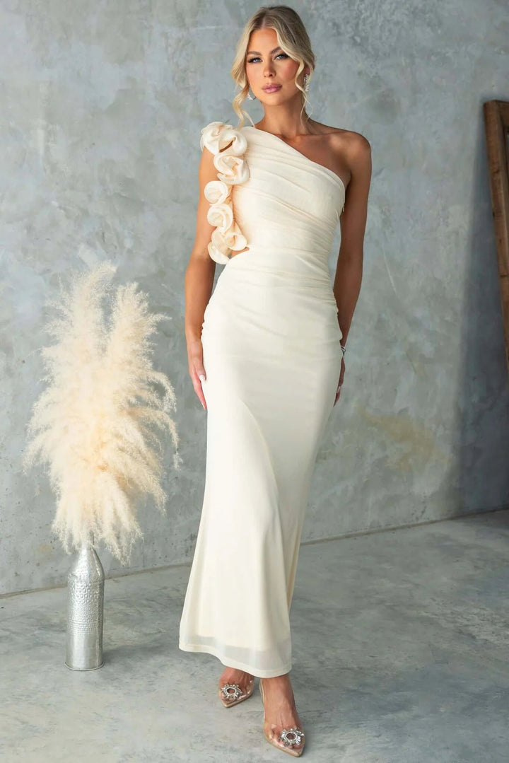 Stylish women's fashion: a modern one-shoulder ruffle maxi dress for sophisticated evening wear.