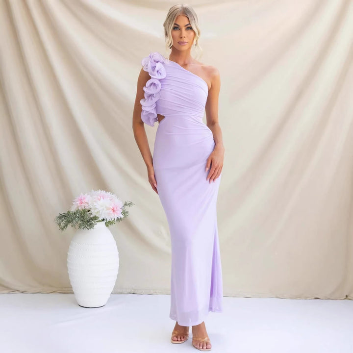 Formal women's long dress featuring a sophisticated one-shoulder and ruffle design for parties.
