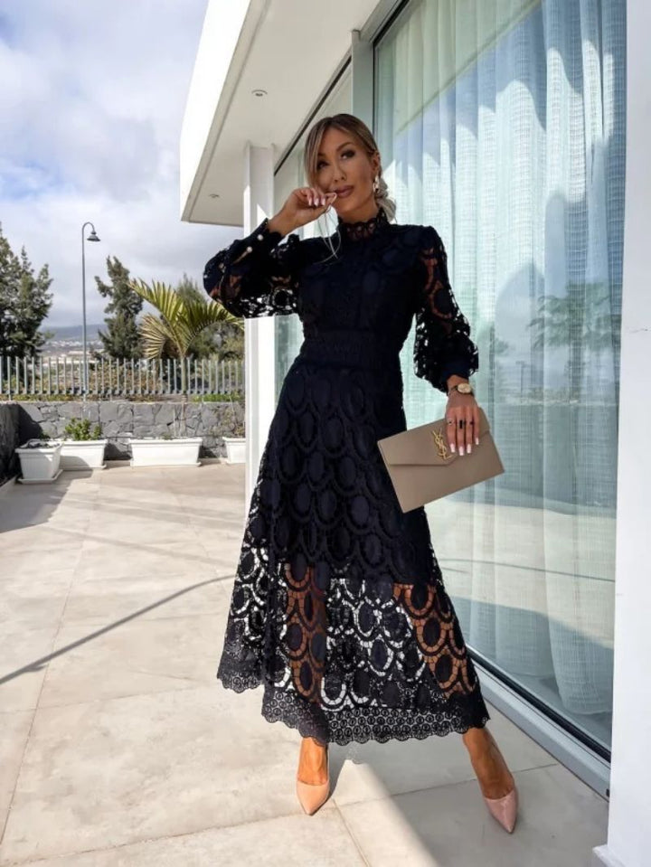 Elegant women's classic midi cocktail dress for special occasions, featuring intricate details & sophisticated style.