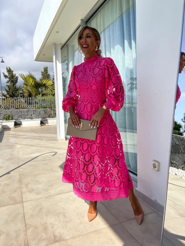 Sophisticated party dress: Women's elegant midi cocktail dress with intricate details, high neck & long sleeves.