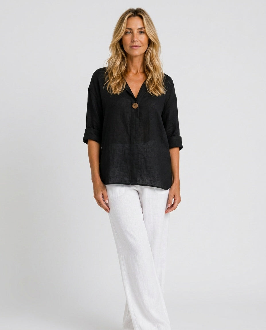 Women's elegant open collar blouse with 3/4 sleeves and button front for versatile everyday wear.