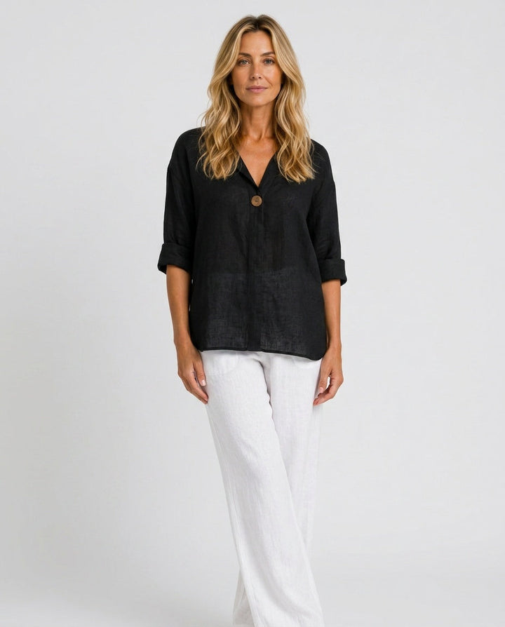 Women's elegant open collar blouse with 3/4 sleeves and button front for versatile everyday wear.