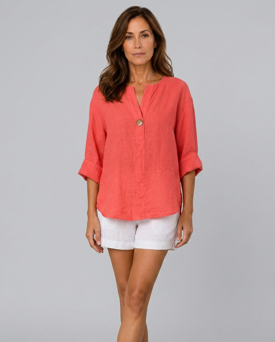 Elevated casual wear: women's elegant open collar 3/4 sleeve blouse with a flattering relaxed fit.