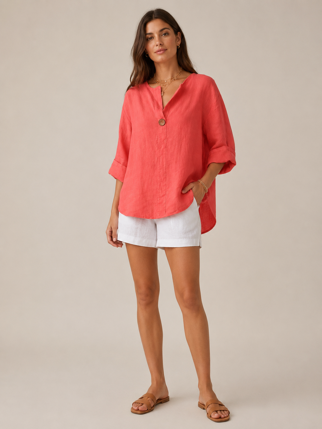 Elegant women's open collar blouse, 3/4 sleeves, button front detail, perfect for a refined casual look.