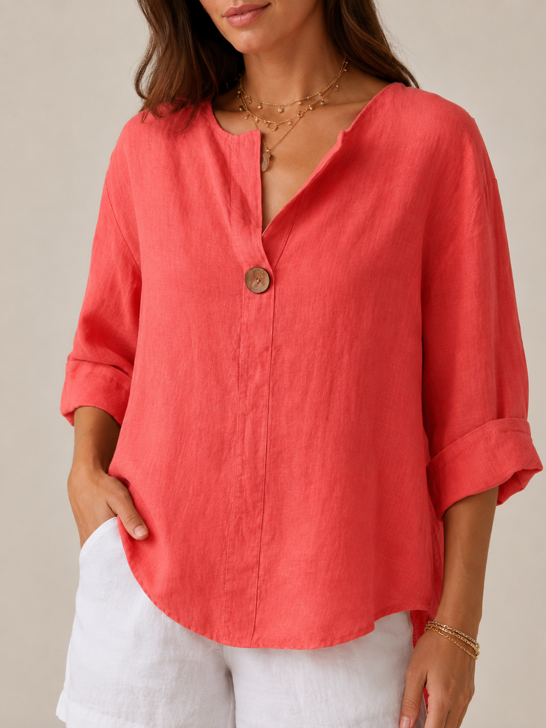 Versatile women's top, 3/4 sleeve, elegant open collar blouse for everyday style and relaxed comfort.