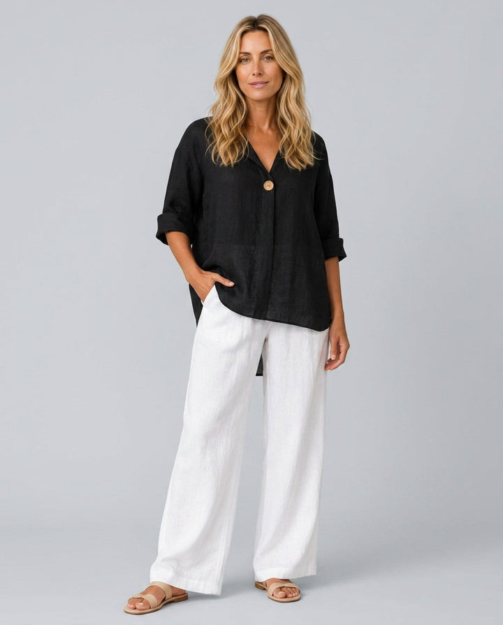 Relaxed fit women's 3/4 sleeve blouse with stylish open collar, perfect for casual elegance.