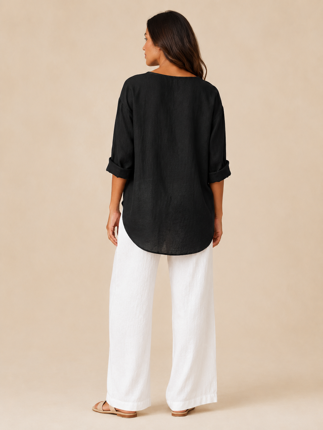 Elegant women's open collar 3/4 sleeve blouse, button front, ideal for work or casual outings.